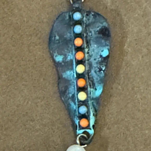 Handcrafted Artisan Blue Patina Metal and Beaded Leaf Earrings - Picture 4 of 4